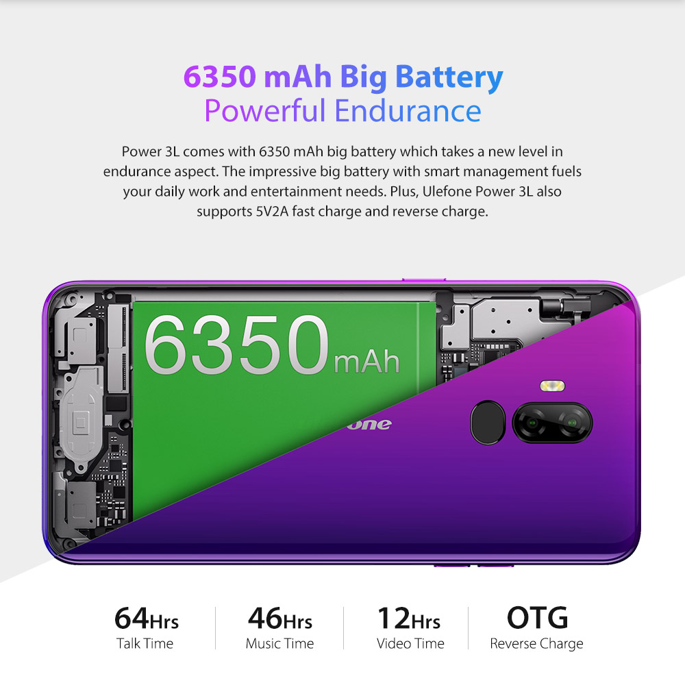 Ulefone Power 3L 6.0 Inch 4G LTE Smartphone MT6739 2GB 16GB 8.0MP+5.0MP Dual Rear Cameras Android 8.1 Face ID NFC 6350mAh - Gold