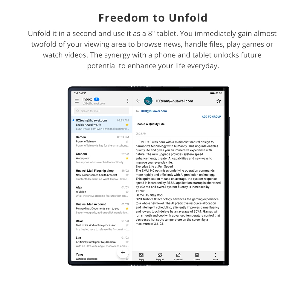 HUAWEI Mate X 8.0 Inch Flexible Foldable screen 5G LTE Smartphone Kirin 980 8GB 512GB 48.0MP+16.0MP+8.0MP Triple Rear Cameras Android 9.0 NFC Type-C - Blue