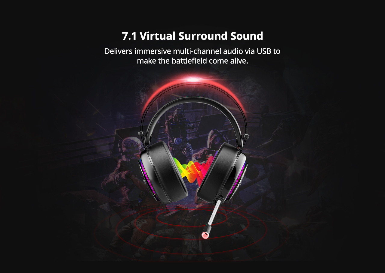 Tronsmart Glary Gaming Headset 7.1 Virtual Surround Sound Stereo Sound with Colorful LED Lighting USB Interface Mic for PC Laptop