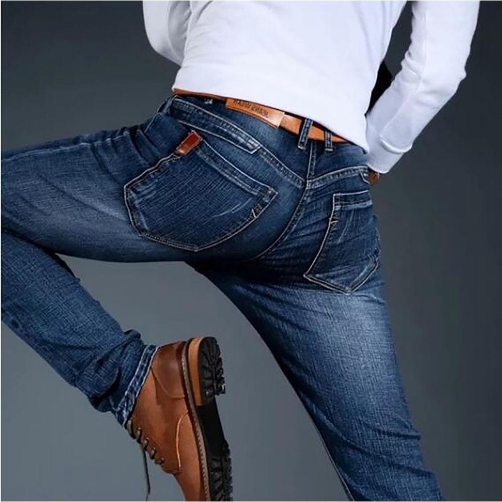 TL86 Men Elastic Jeans Straight Slim Long Pants Size 34 - Blue