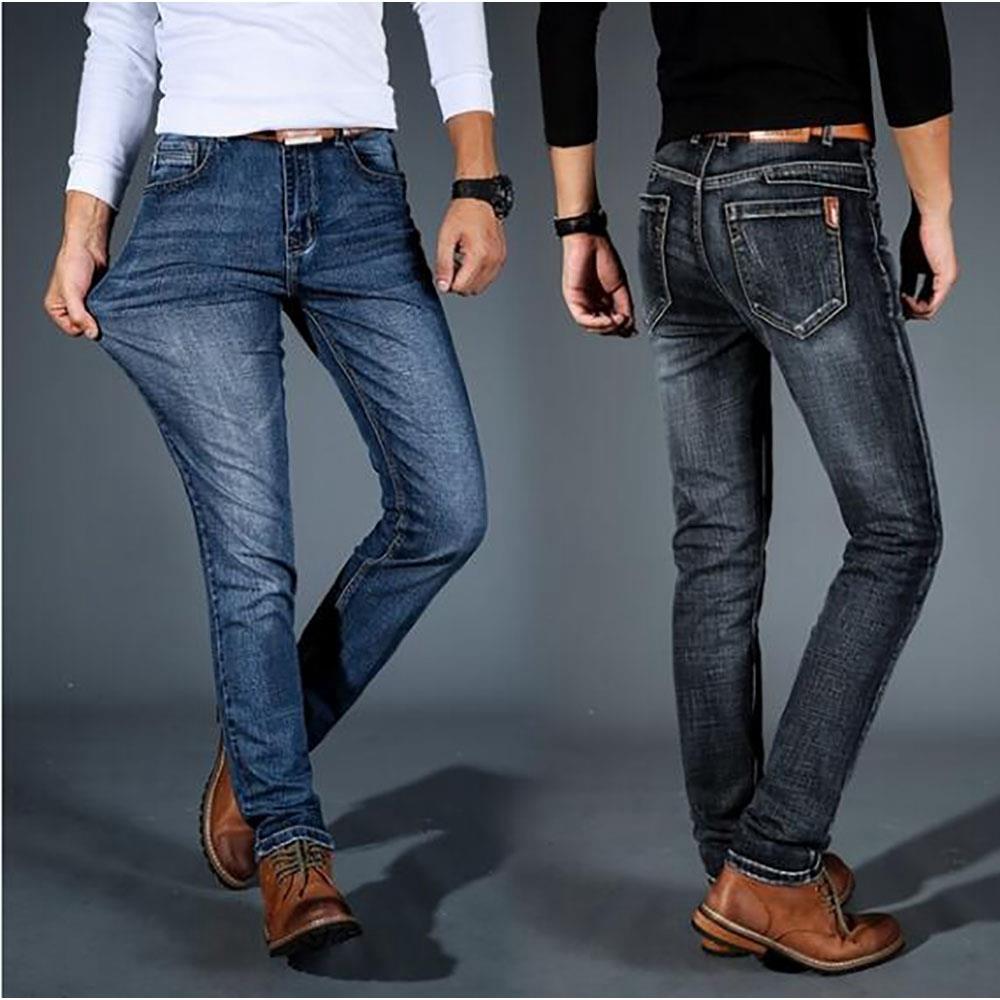 TL86 Men Elastic Jeans Straight Slim Long Pants Size 35 - Blue