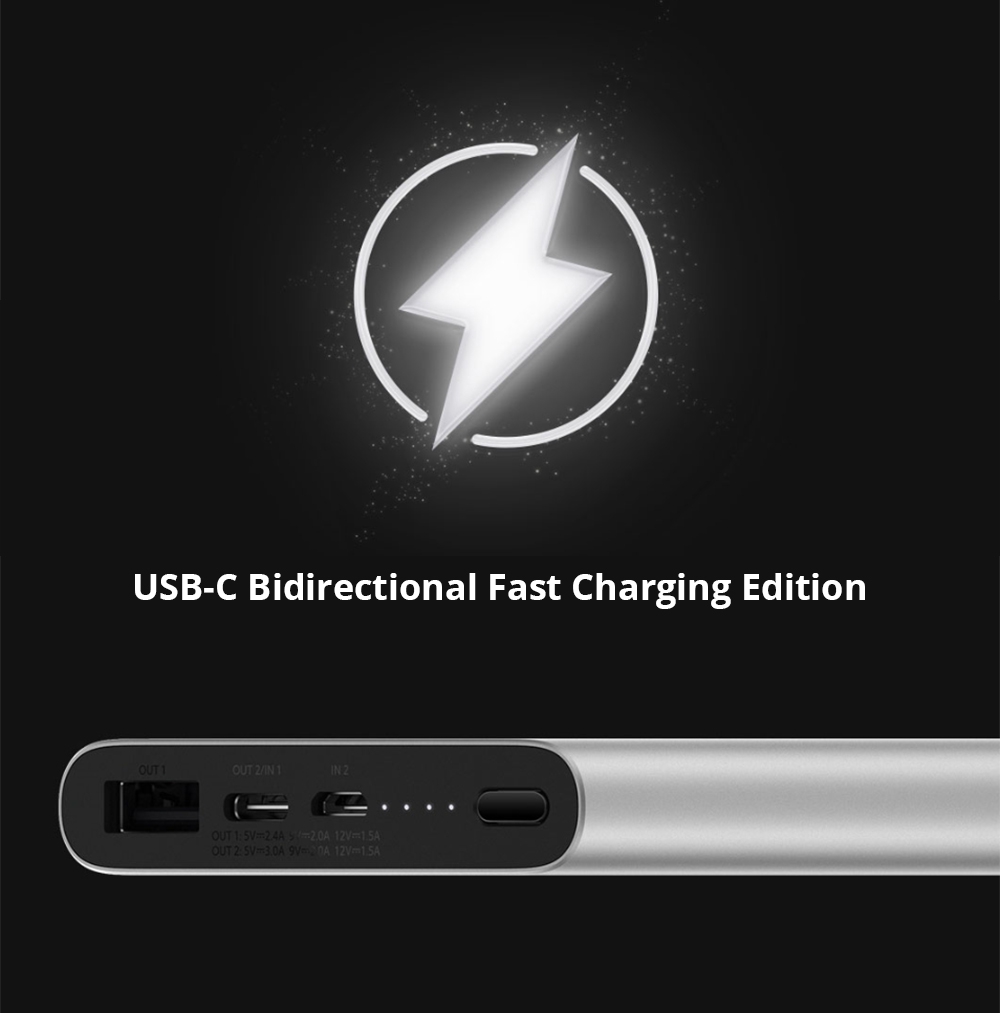 Xiaomi Mi3 10000mAh Power Bank USB-C Two-way Fast Charge - Silver