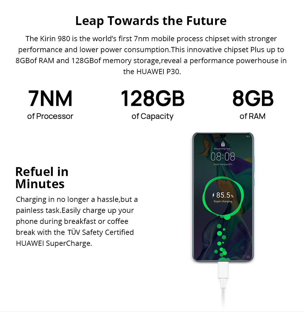 HUAWEI P30 6.1 Inch 4G LTE Smartphone Kirin 980 8GB 256GB 40.0MP+16.0MP+8.0MP Triple Rear Cameras Android 9.0 NFC In-display Fingerprint Fast Charge - Black