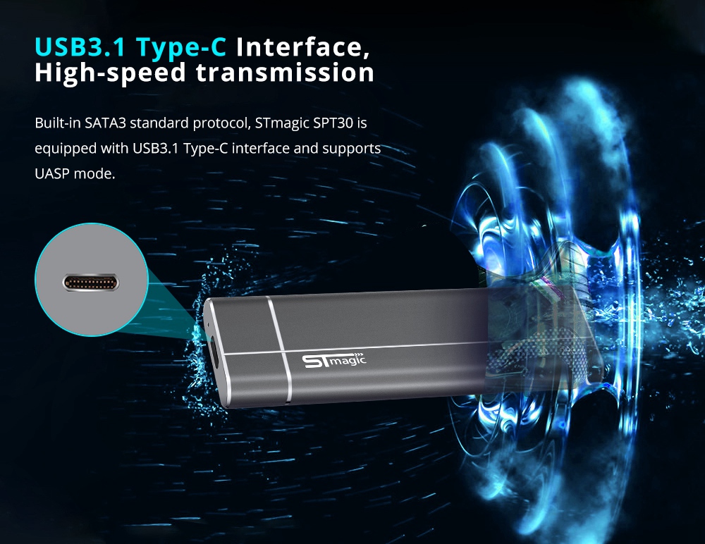 STmagic SPT30 512G Mini Portable M.2 SSD USB3.1 To Type-C Solid State Drive Read Speed 480MB/s - Gray