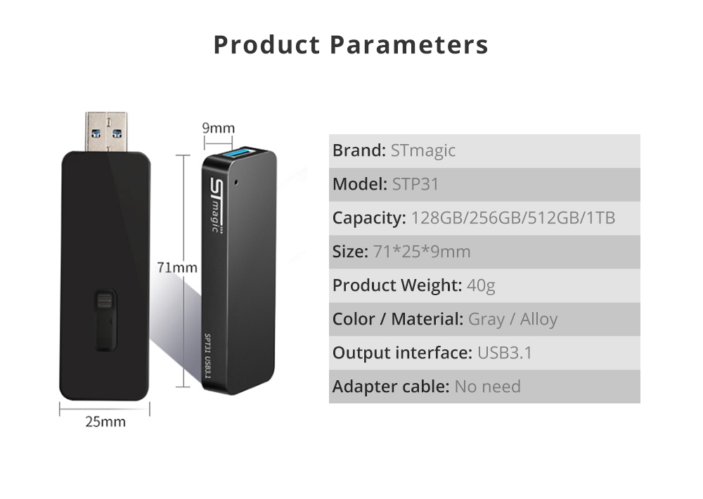 STmagic SPT31 256G Mini Portable M.2 SSD USB3.1 Solid State Drive Read Speed 500MB/s - Gray