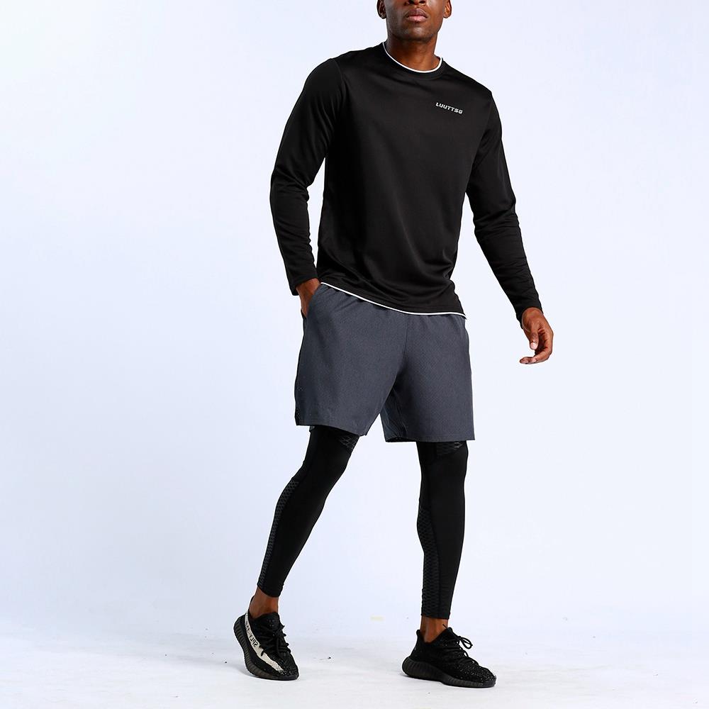T57 Men Sports Fitness Round Neck Long Sleeve Top Shirt Size XL - Black