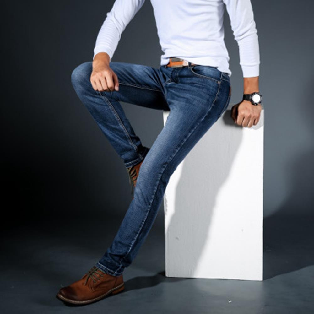 TL86 Men Elastic Jeans Straight Slim Long Pants Size 35 - Blue