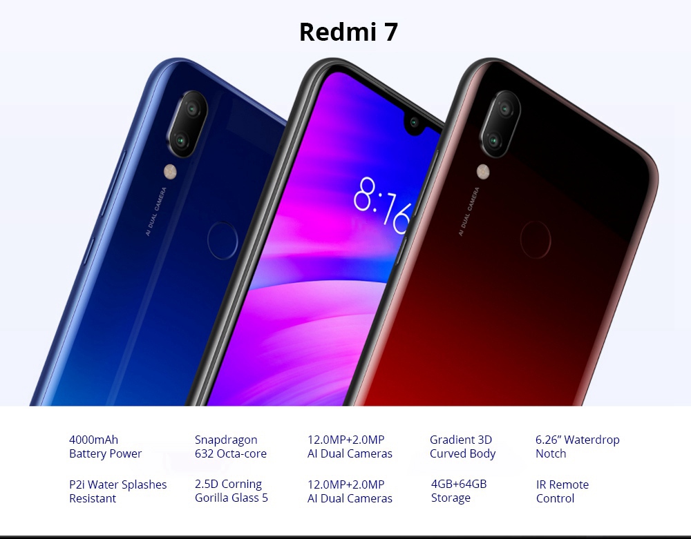 Xiaomi Redmi 7 6.26 Inch 4G LTE Smartphone Snapdragon 632 3GB 32GB 12.0MP+2.0MP Dual Cameras MIUI 10 Touch ID IR Remote Control Global Version - Black