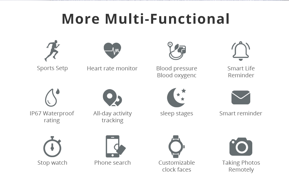 Makibes T5 Smart Watch 1.22 Inch TFT Screen IP67 Heart Rate Blood Pressure Sleep Monitor 230mAh Battery Steel Strap - Black