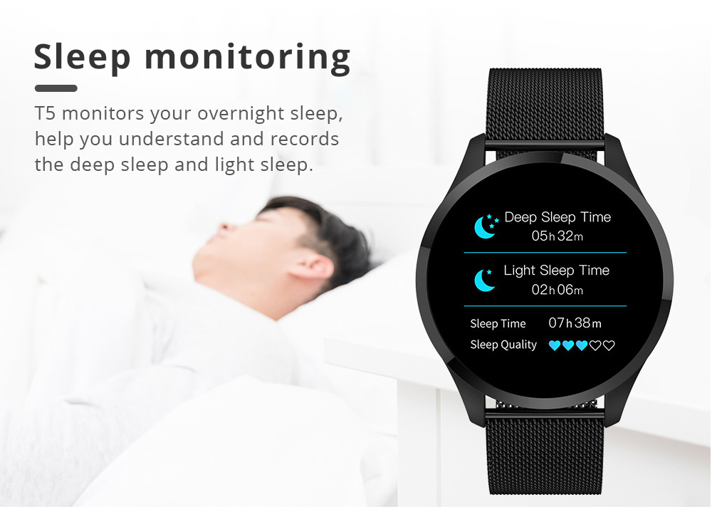 Makibes T5 Smart Watch 1.22 Inch TFT Screen IP67 Heart Rate Blood Pressure Sleep Monitor 230mAh Battery PU Strap - Black