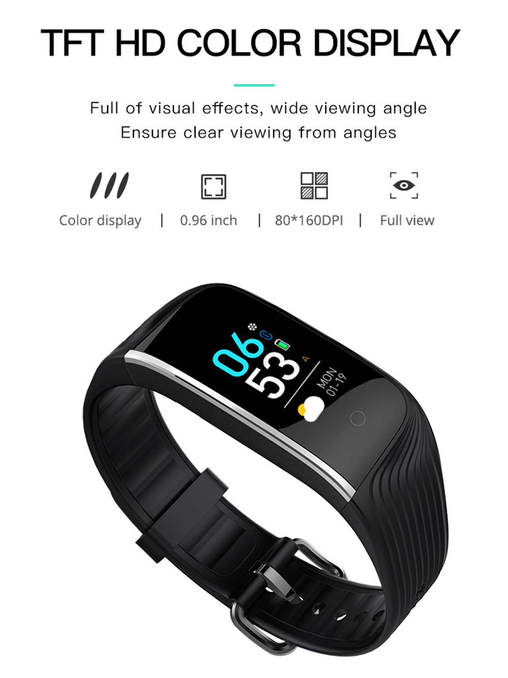 Makibes HR7 Smart Bracelet Sports Fitness Band 0.96 Inch TFT Screen Heart Rate Sleep Monitor IP68 - Black