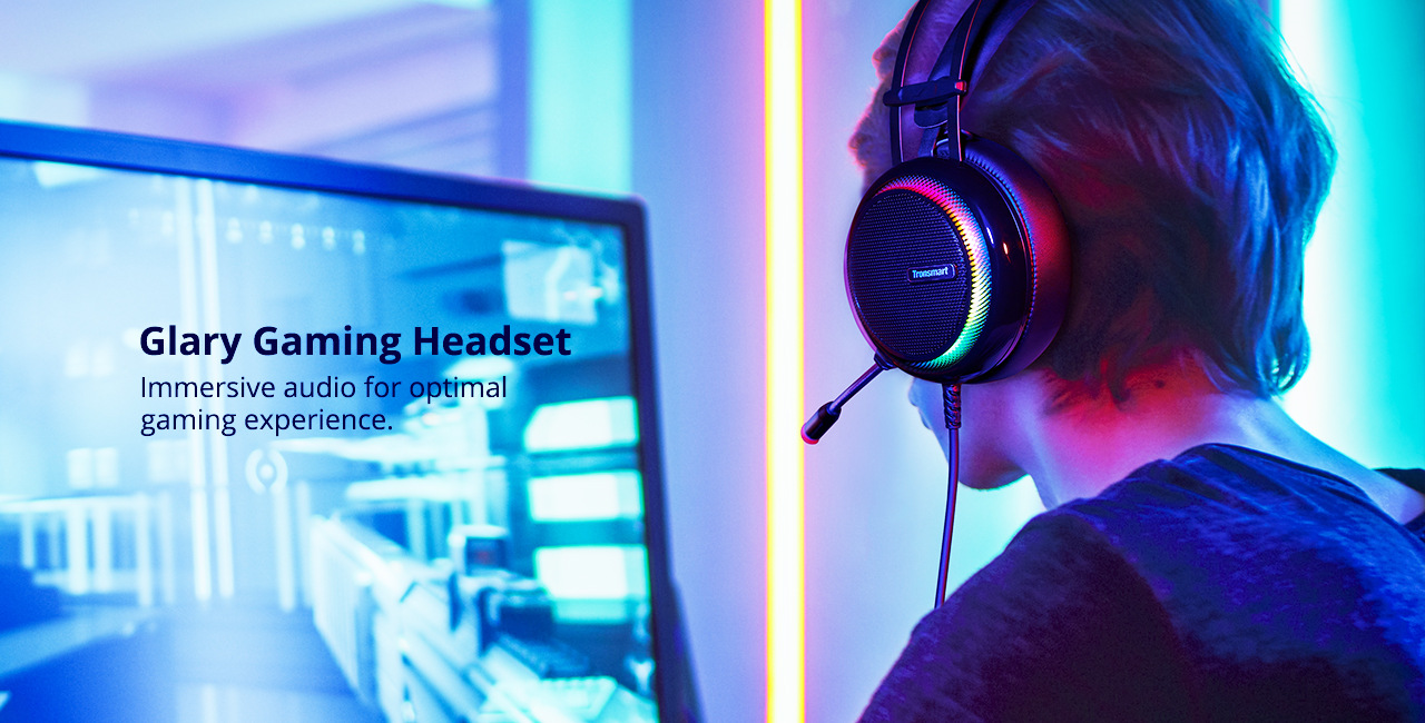 Tronsmart Glary Gaming Headset 7.1 Virtual Surround Sound Stereo Sound with Colorful LED Lighting USB Interface Mic for PC Laptop