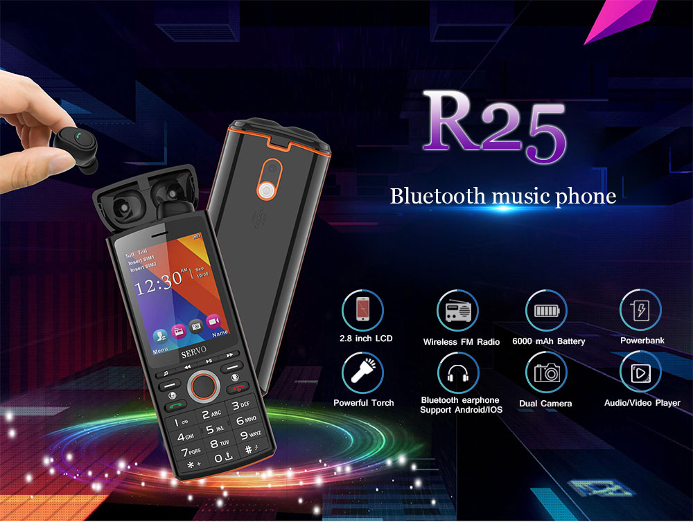 SERVO R25 2.8' Mobile Phone Dual SIM Card with Bluetooth 5.0 TWS Wireless Earphones 6000mAh - Gold