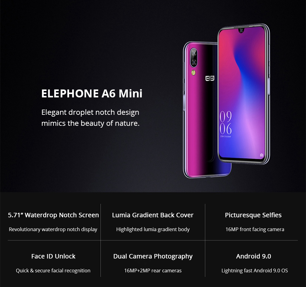 Elephone A6 Mini 5.71 Inch 4G LTE Smartphone MT6761 4GB 32GB 16.0MP+2.0MP Dual Rear Cameras Android 9.0 Face ID Fast Charge - Black
