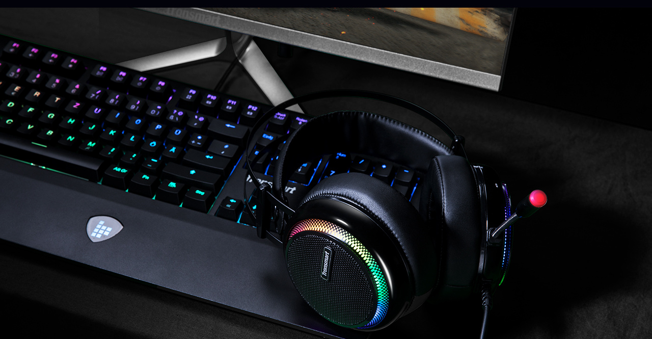 Tronsmart Glary Gaming Headset 7.1 Virtual Surround Sound Stereo Sound with Colorful LED Lighting USB Interface Mic for PC Laptop