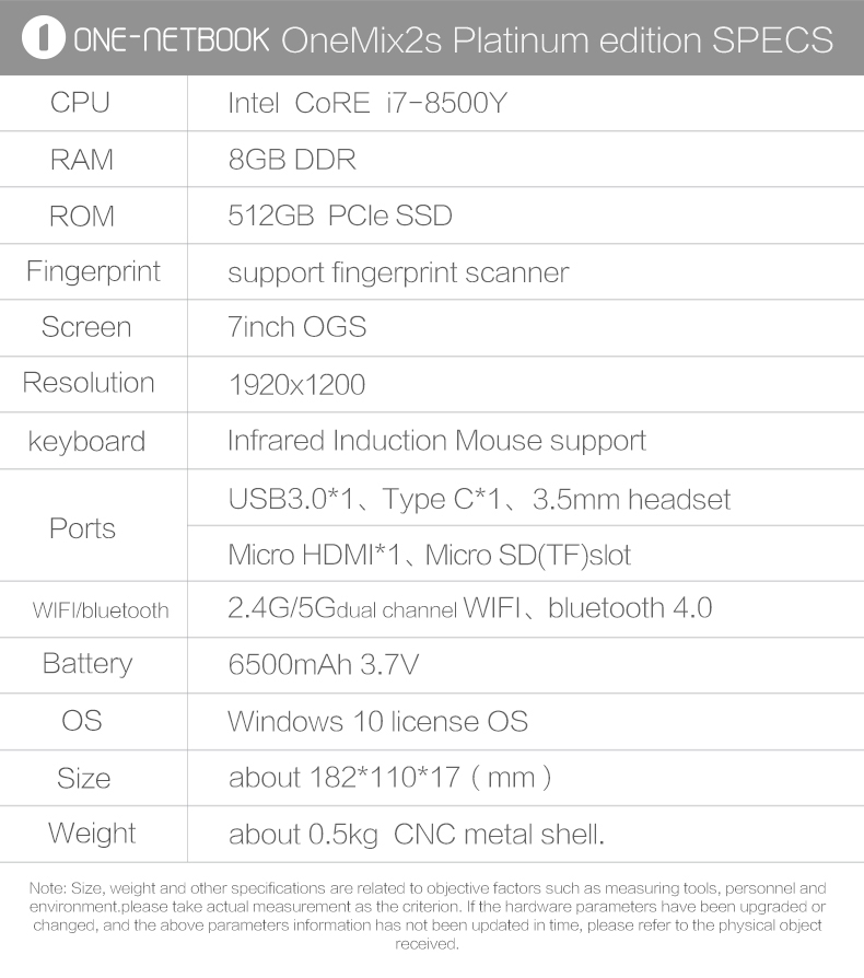 One Netbook One Mix 2S Yoga Pocket Laptop Intel Core i7-8500Y Dual-Core Touch ID 7" IPS Screen 1920*1200 Windows 10 8GB RAM 512GB PCI-E SSD - Platinum