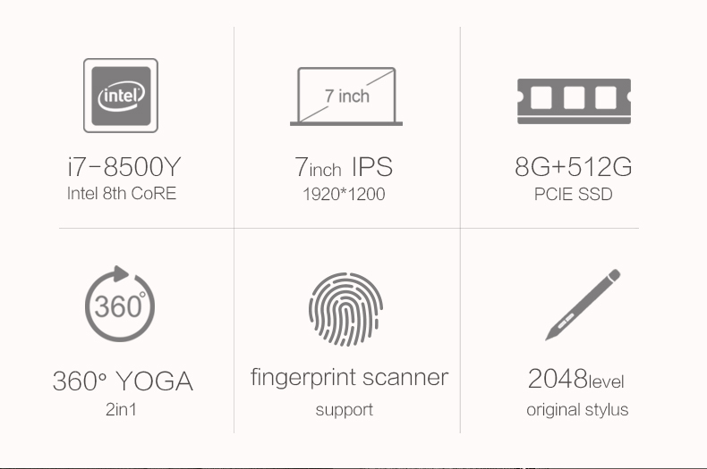 One Netbook One Mix 2S Yoga Pocket Laptop Intel Core i7-8500Y Dual-Core Touch ID 7" IPS Screen 1920*1200 Windows 10 8GB RAM 512GB PCI-E SSD - Platinum