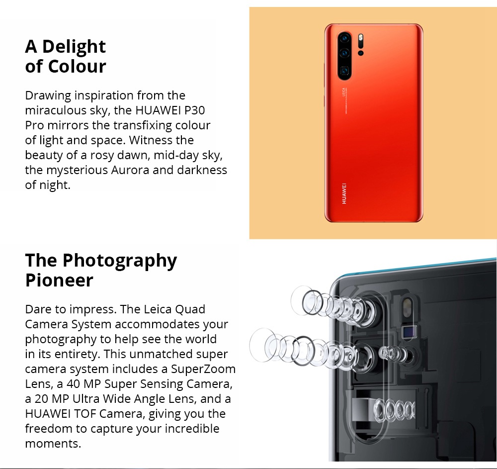 HUAWEI P30 Pro 6.47 Inch 4G LTE Smartphone Kirin 980 8GB 128GB 40.0MP+20.0MP+8.0MP+TOF Quad Rear Cameras Android 9.0 NFC In-display Fingerprint Wireless Charge - Amber Sunrise