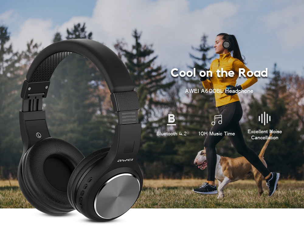 AWEI A600BL Foldable HiFi Wireless Bluetooth Headphone Bass Stereo Headset - Black