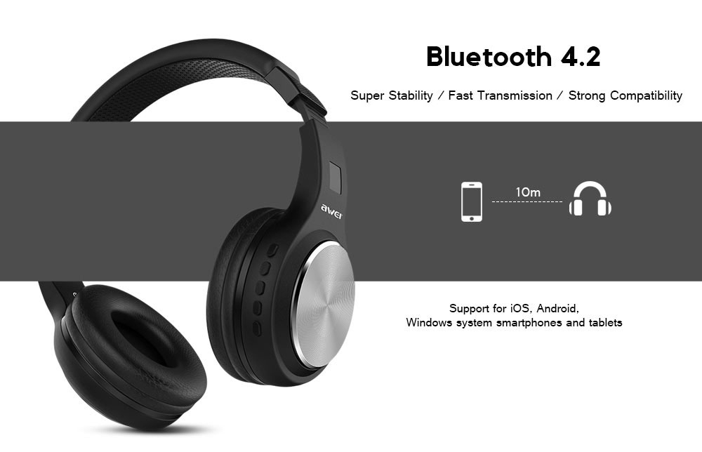 AWEI A600BL Foldable HiFi Wireless Bluetooth Headphone Bass Stereo Headset - Black