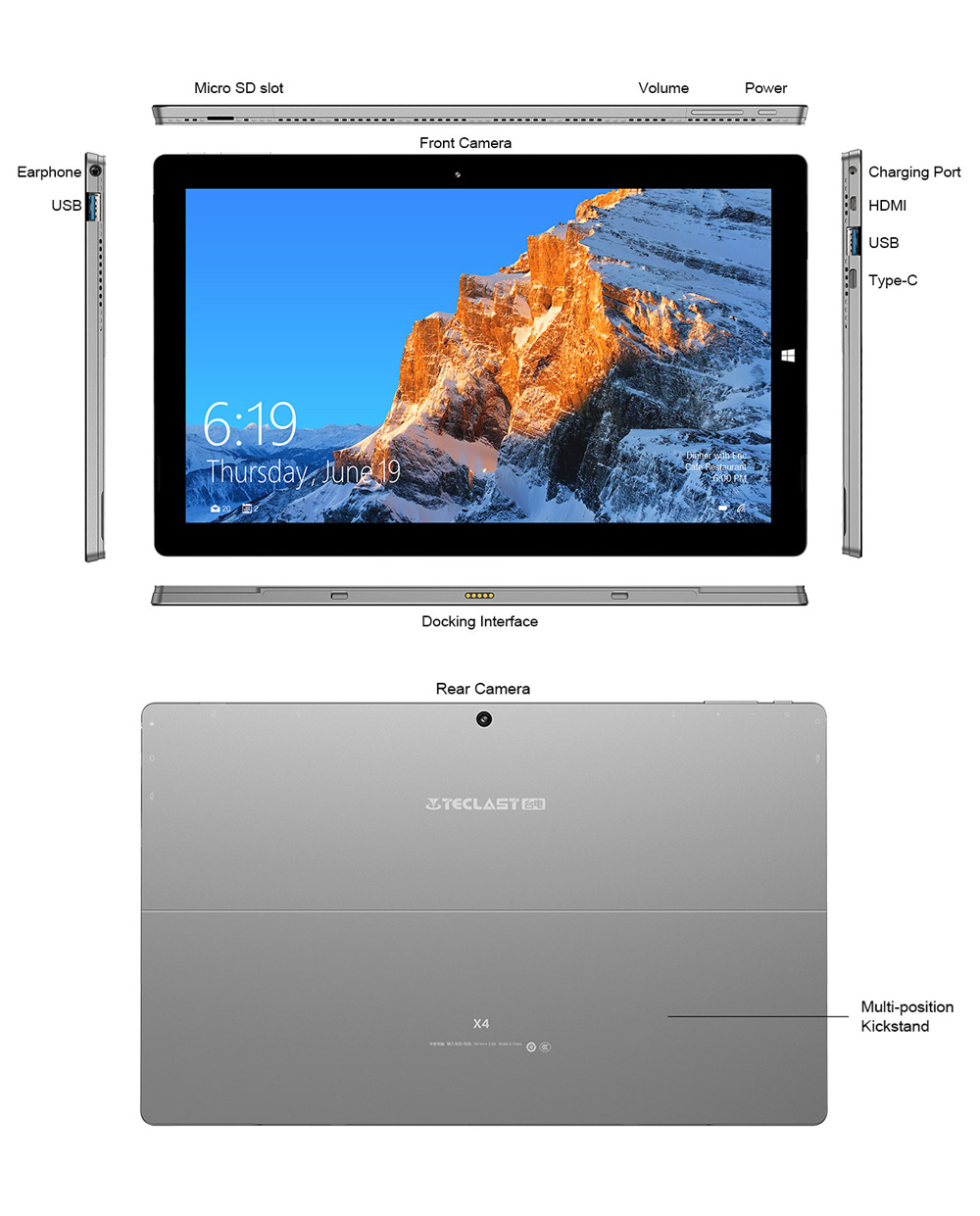 Teclast X4 Tablet PC Intel Celeron N4100 Quad Core 11.6" IPS 1920*1080 8GB RAM 128GB SSD Windows 10 - Grey