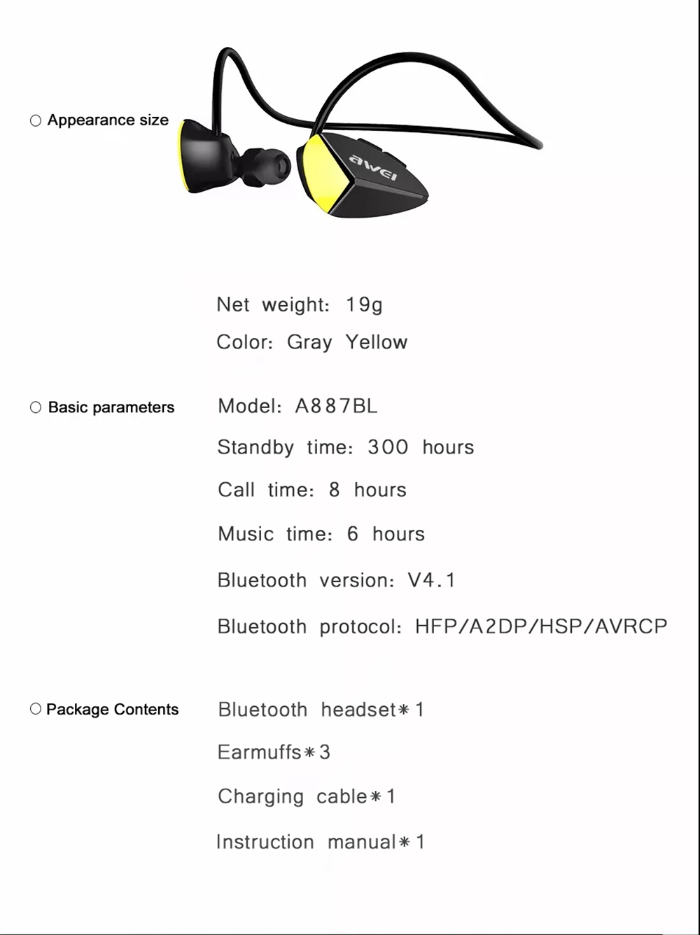 AWEI A887BL Waterproof CSR Bluetooth V4.1 Rear Earphone Stereo HiFi 100 mAh - Black