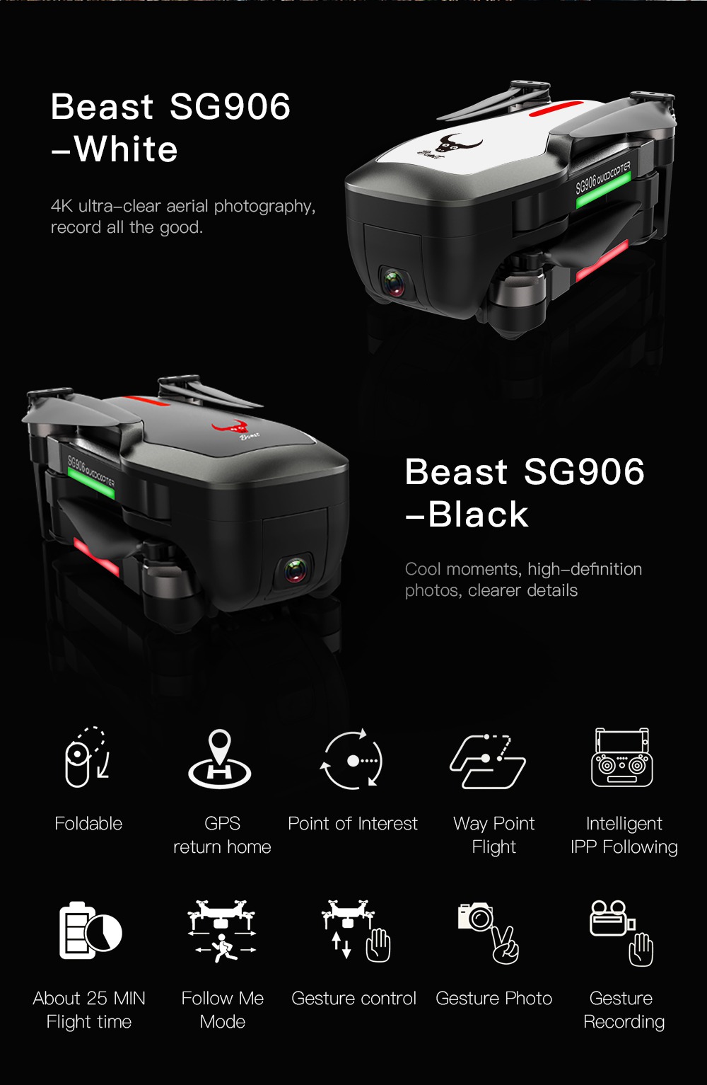 ZLRC SG906 Beast 4K Dual GPS 5G WiFi FPV Foldable RC Drone Optical Flow Positioning RTF White - Two Battery