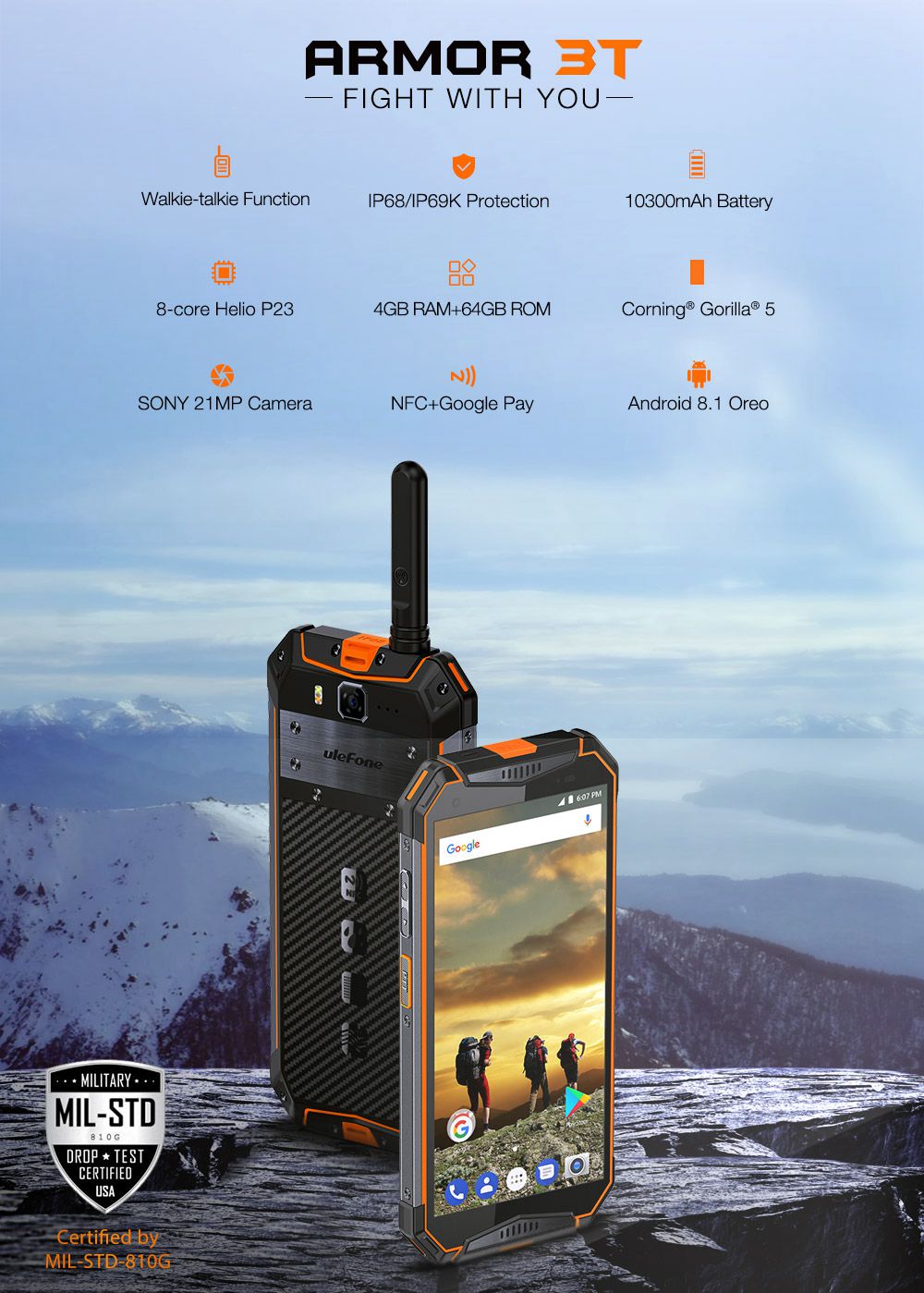 Ulefone Armor 3T 5.7 Inch 4G LTE Smartphone MT6763T 4GB 64GB 21.0MP Rear Camera Android 8.1 IP68 NFC 10300mAh Walkie Talkie - Orange