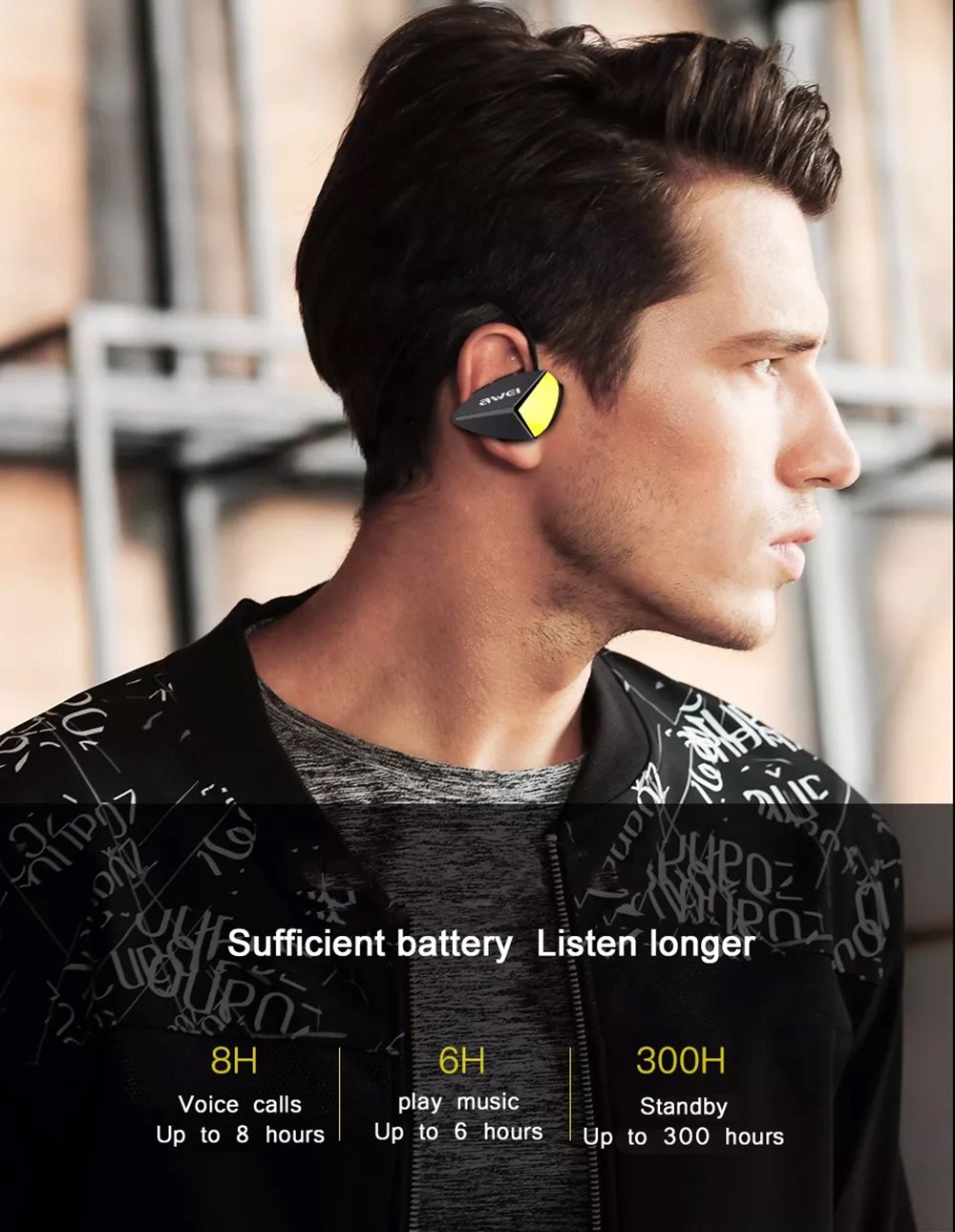 AWEI A887BL Waterproof CSR Bluetooth V4.1 Rear Earphone Stereo HiFi 100 mAh - Black