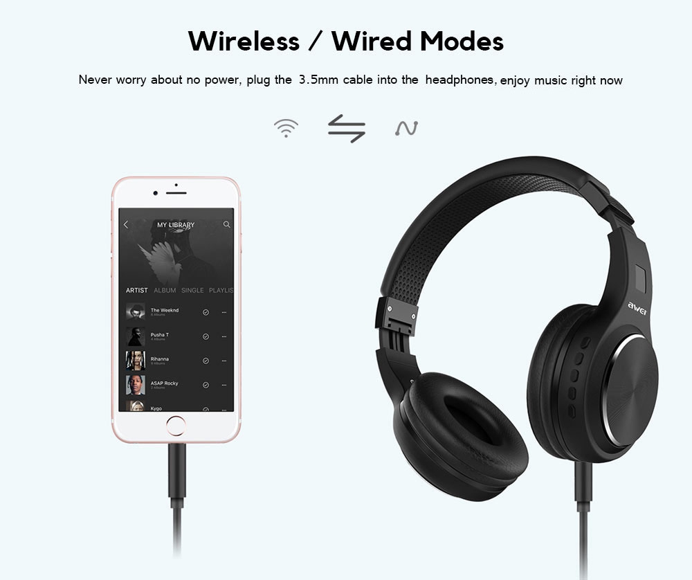 AWEI A600BL Foldable HiFi Wireless Bluetooth Headphone Bass Stereo Headset - Black