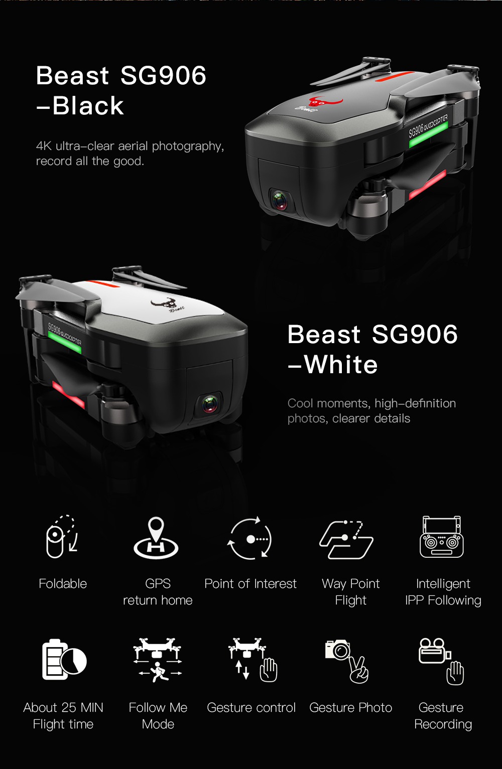 ZLRC SG906 Beast 4K Dual GPS 5G WiFi FPV Foldable RC Drone Optical Flow Positioning RTF Black - Three Battery