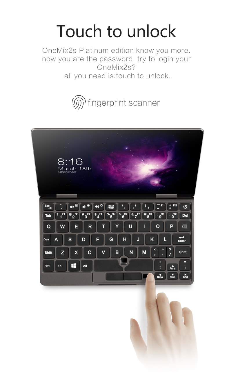 One Netbook One Mix 2S Yoga Pocket Laptop Intel Core i7-8500Y Dual-Core Touch ID 7" IPS Screen 1920*1200 Windows 10 8GB RAM 512GB PCI-E SSD - Platinum