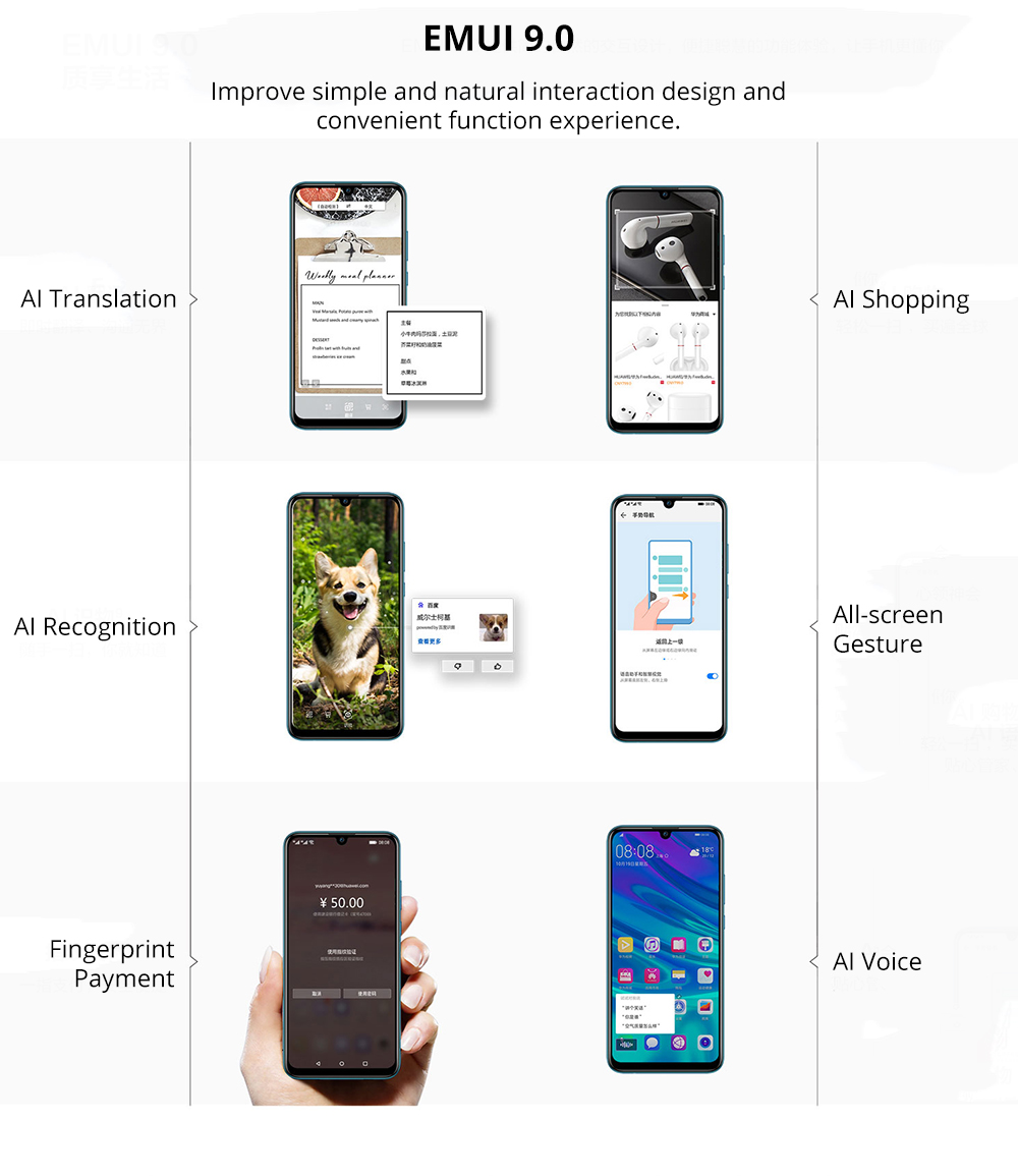 HUAWEI Enjoy 9S 6.21 Inch 4G LTE Smartphone Kirin 710 4GB 64GB 24.0MP + 16.0MP + 2.0MP Triple Rear Cameras Android 9.0 Touch ID - Black