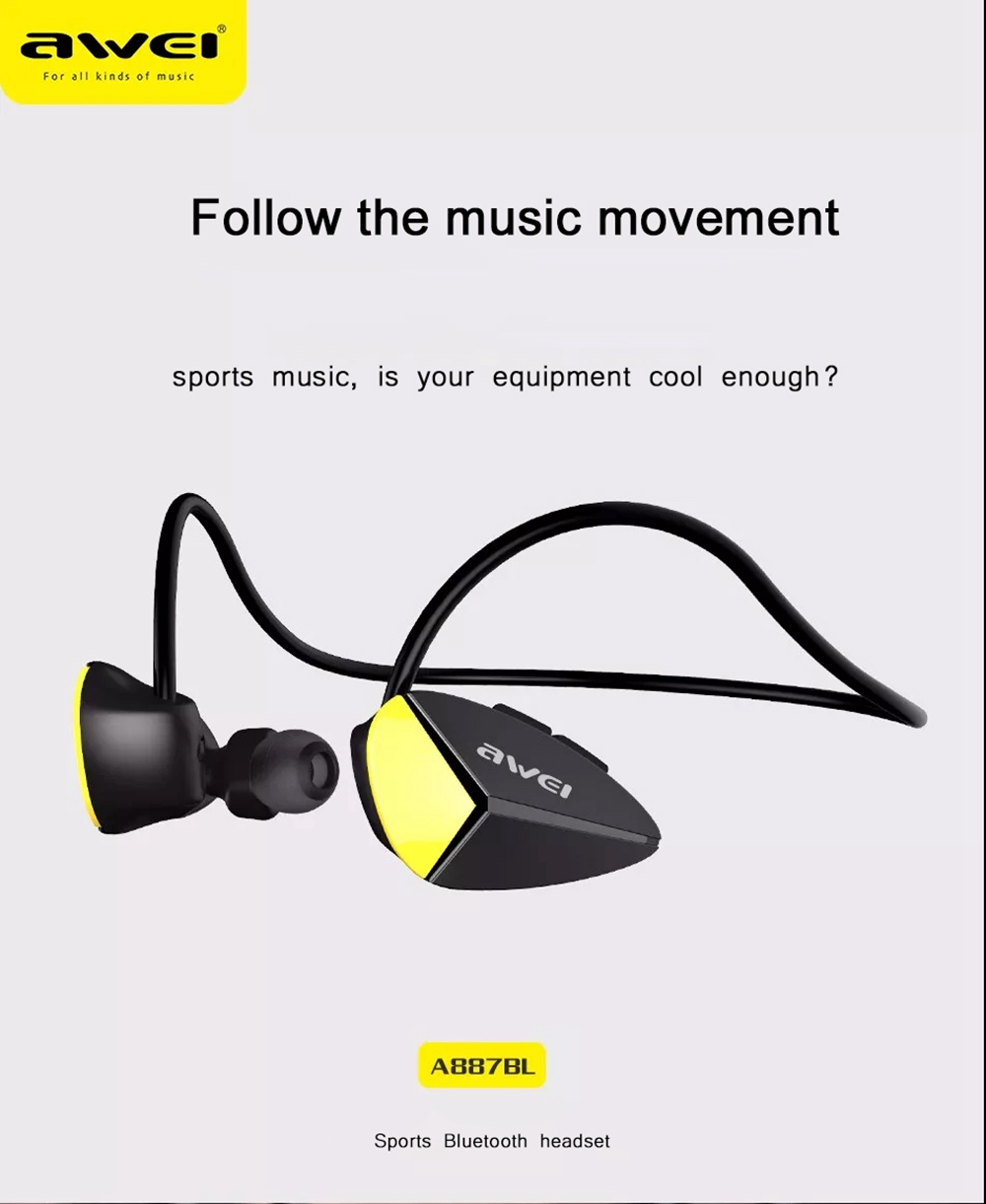AWEI A887BL Waterproof CSR Bluetooth V4.1 Rear Earphone Stereo HiFi 100 mAh - Black