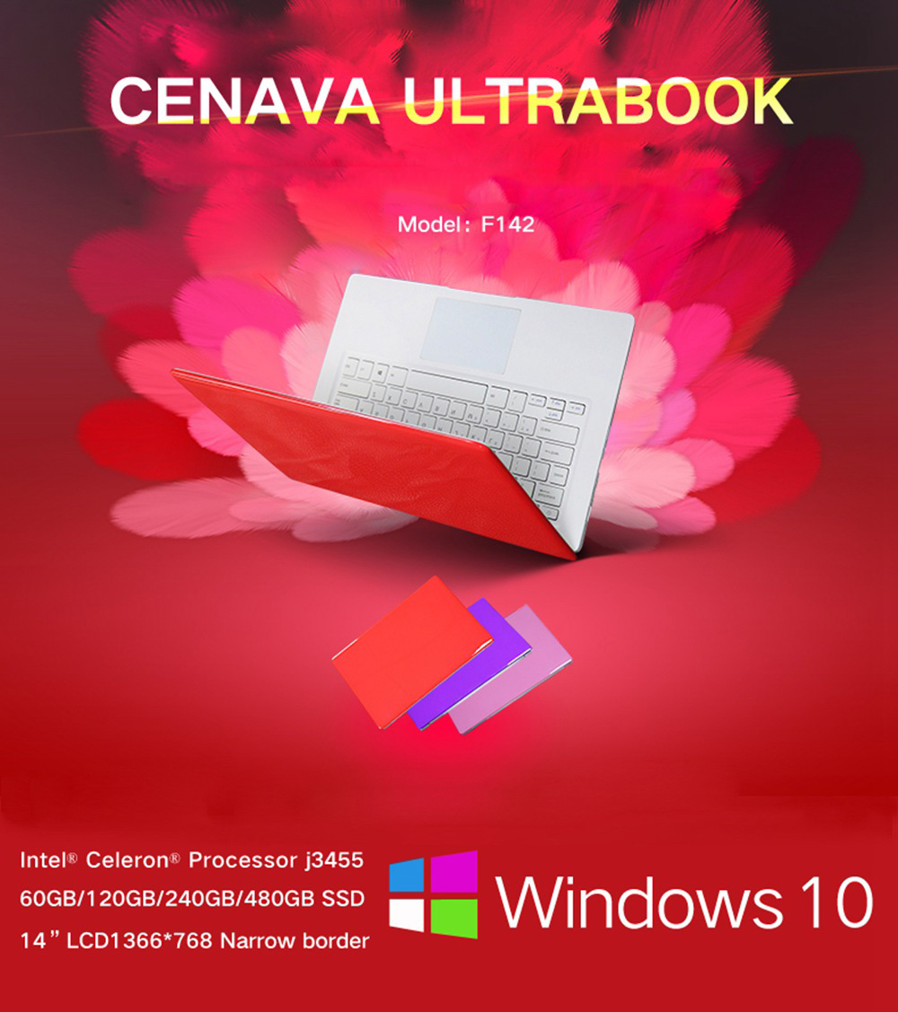 CENAVA F142 Laptop Intel Celeron J3455 Quad Core 14 Inch 6GB RAM 160GB HDD Windows 10 - Pink