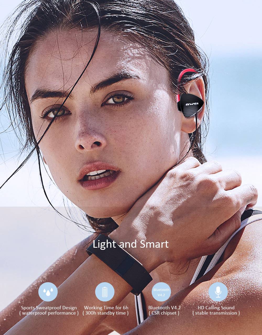 Awei A847BL Blutooth Earphones CVC 6.0 Noise Reduction IPX4 Water Resistant - Red