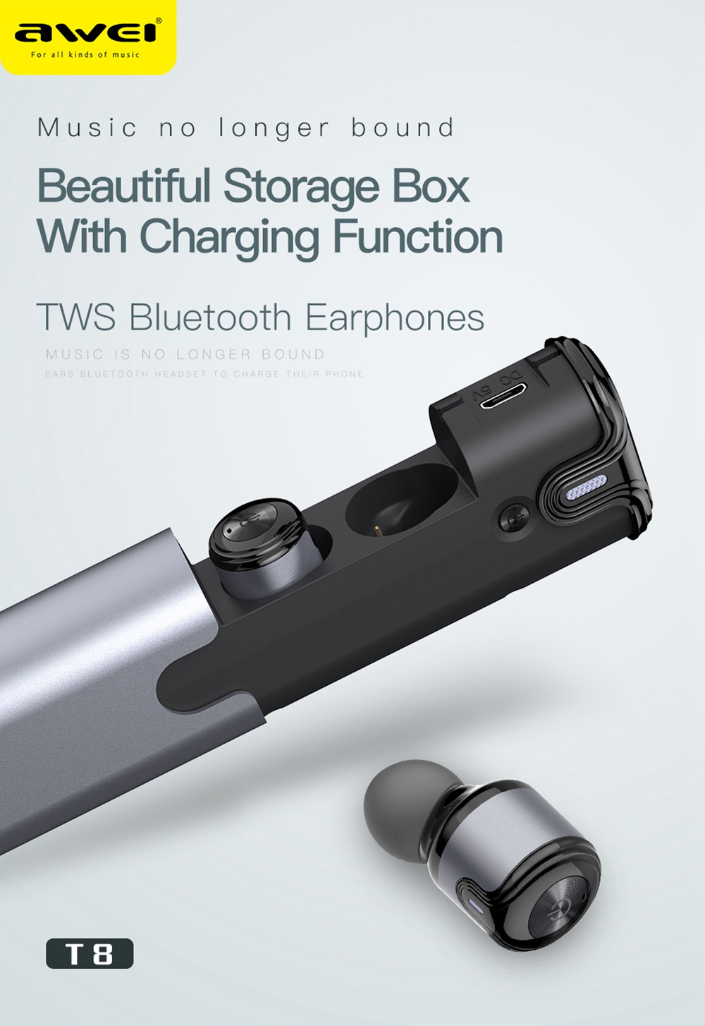 Awei T8 TWS Bluetooth 4.2 3D Stereo Wireless In-Ear Earphones Charging Box 700 mAh - Black