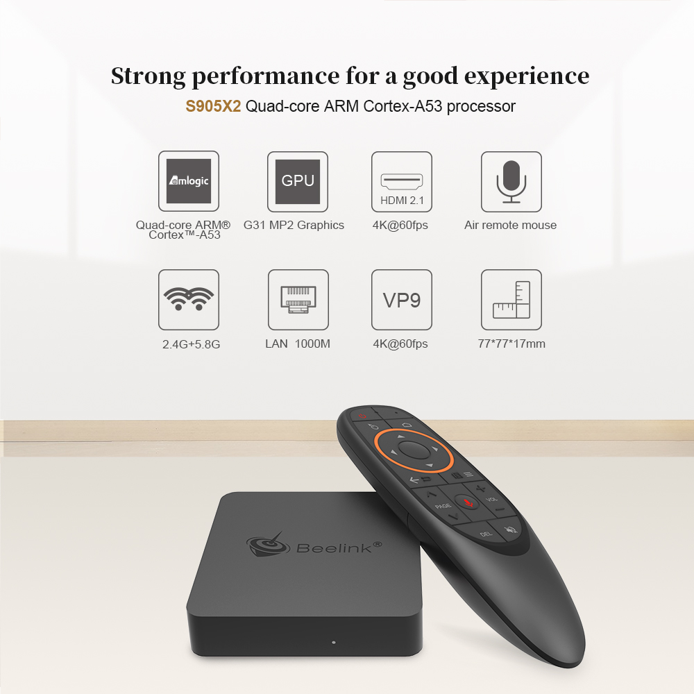 Beelink GTmini-A Amlogic S905X2 Android 9.0 4GB DDR4 64GB eMMC 4K TV Box with Voice Remote Dual Band WiFi Gigabit LAN Bluetooth USB3.0