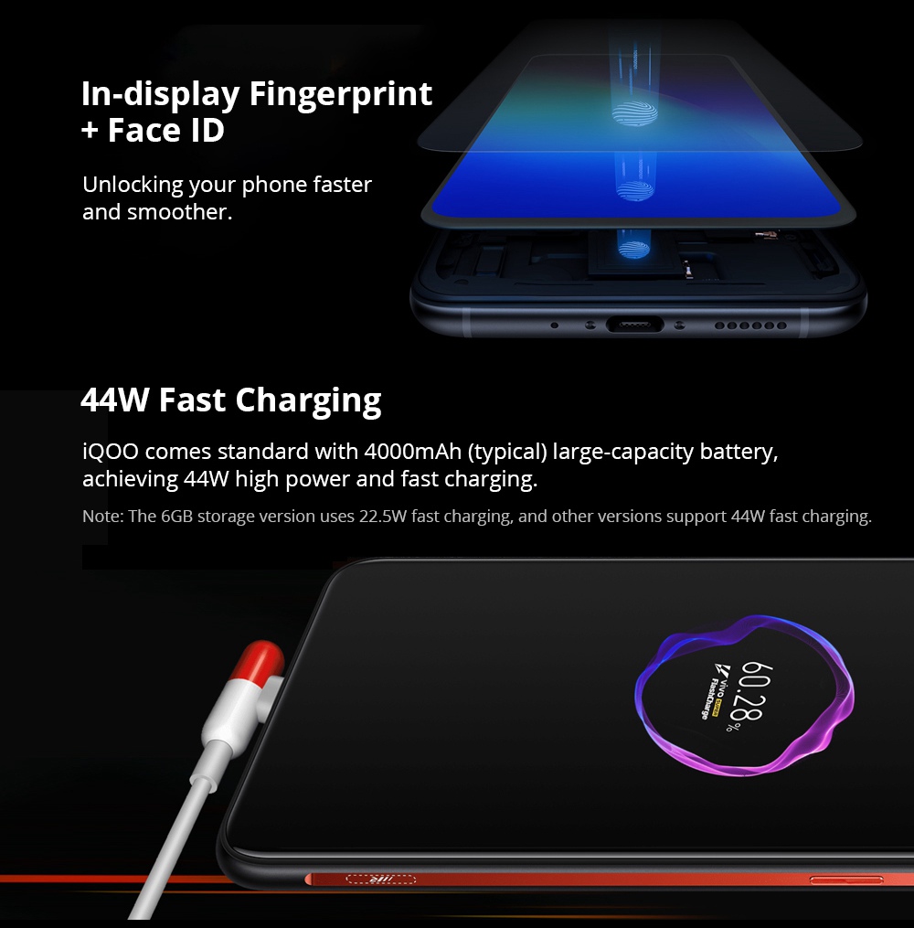 Vivo iQOO 6.41 Inch 4G LTE Smartphone Snapdragon 855 6GB 128GB 12.0MP+13.0MP+2.0MP Triple Rear Cameras Android 9.0 In-Display Fingerprint NFC - Orange