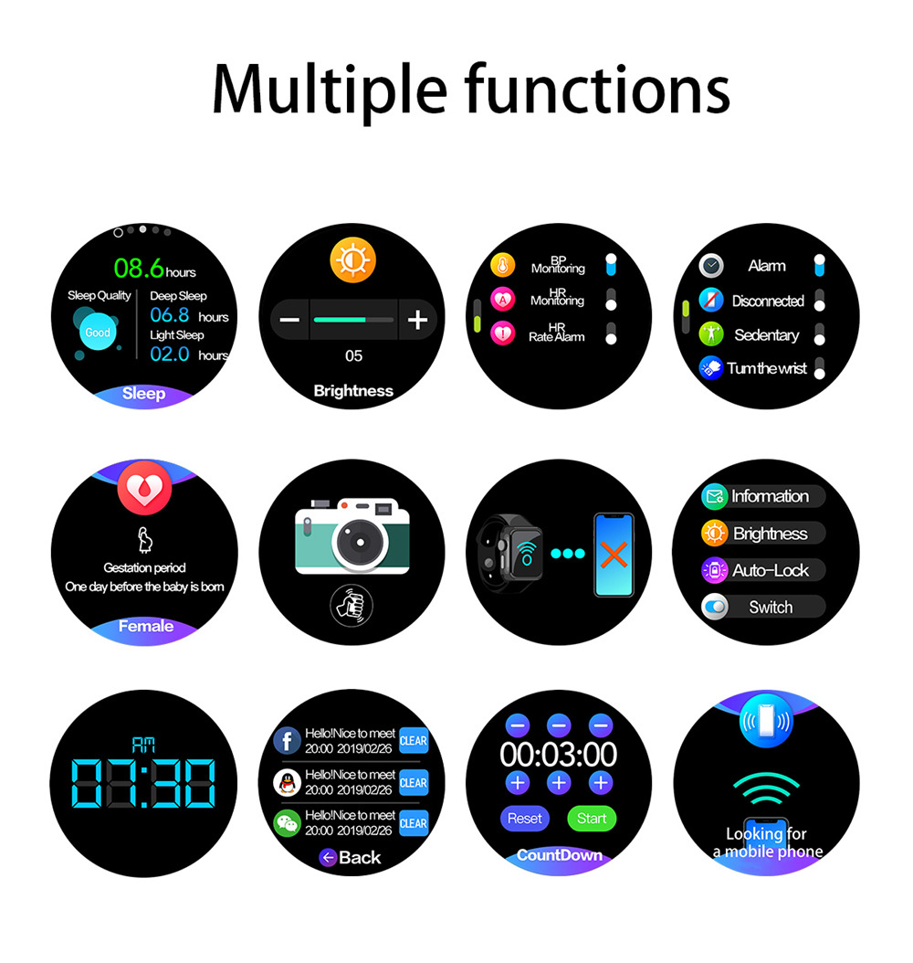 K7 Smart Watch 1.3 Inch IPS Screen IP68 Heart Rate Blood Pressure Multi Sports Modes Steel Strap - Black