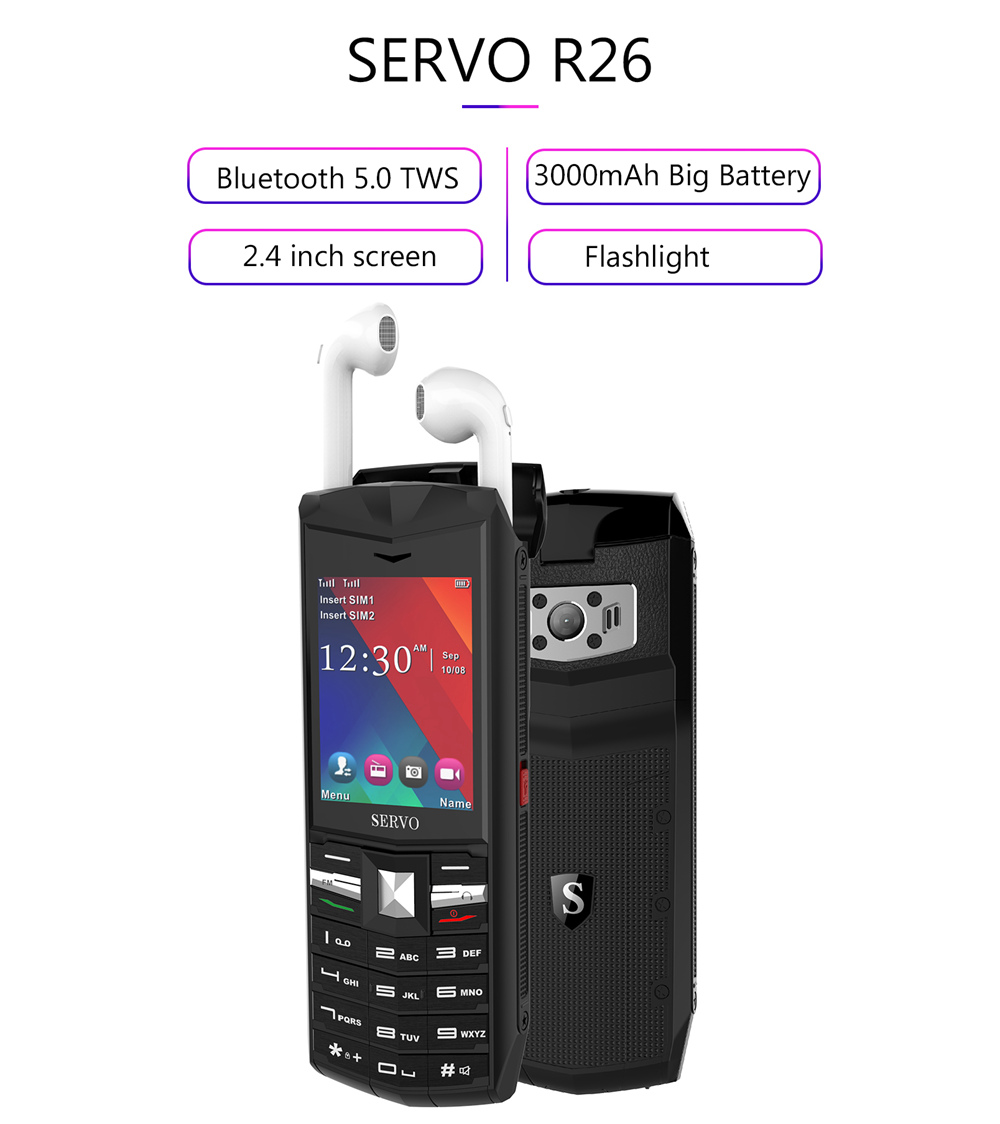 SERVO R26 2.4' Mobile Phone with TWS 5.0 Bluetooth Wireless Headphone 3000mAh GSM GPRS Telephone - Gold