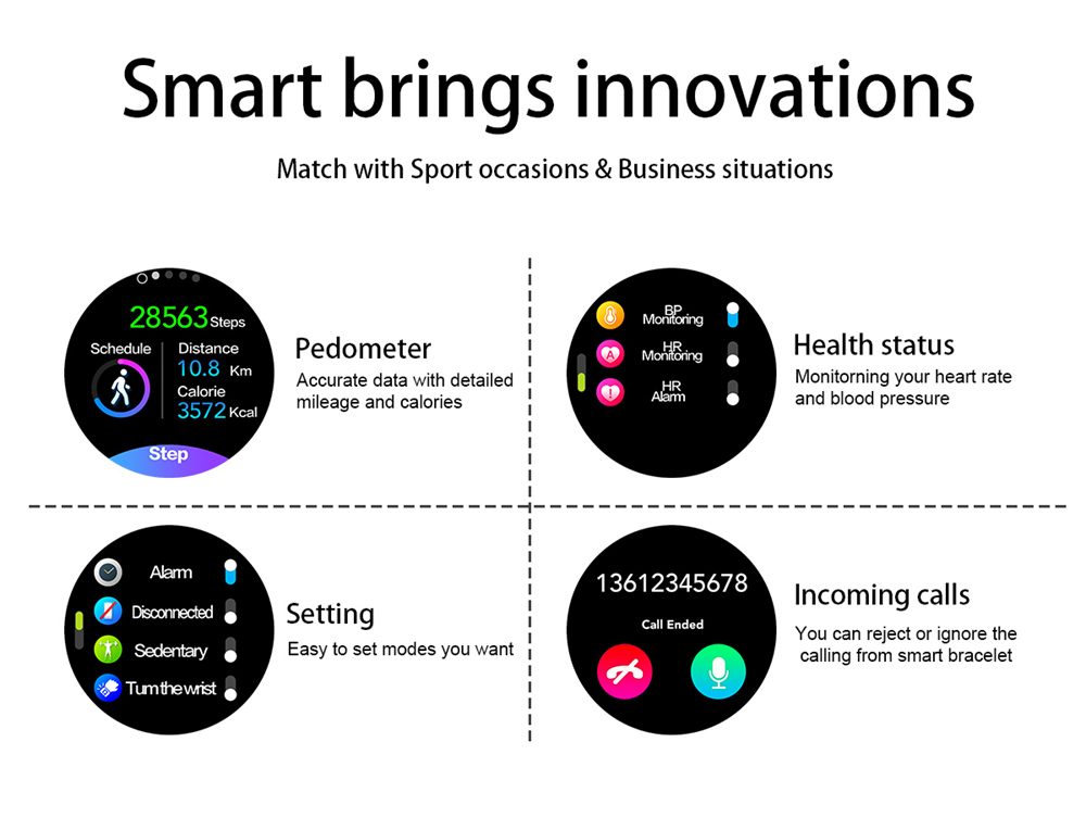 K7 Smart Watch 1.3 Inch IPS Screen IP68 Heart Rate Blood Pressure Multi Sports Modes Steel Strap - Black