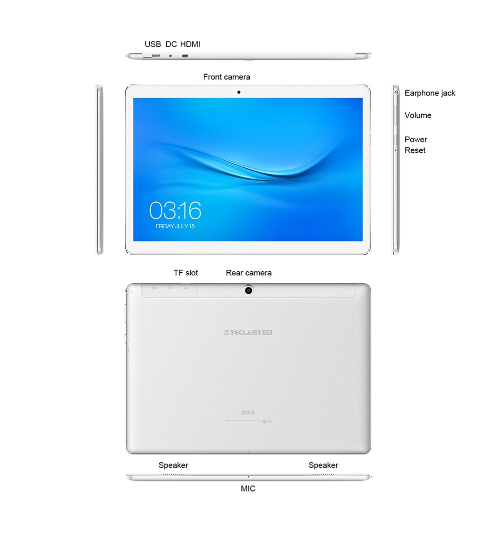 Teclast A10S Tablet PC MT8163 Quad Core 10.1" IPS Screen 1920*1200 2GB DDR3L 32GB eMMC Android 7.0 - White+Silver