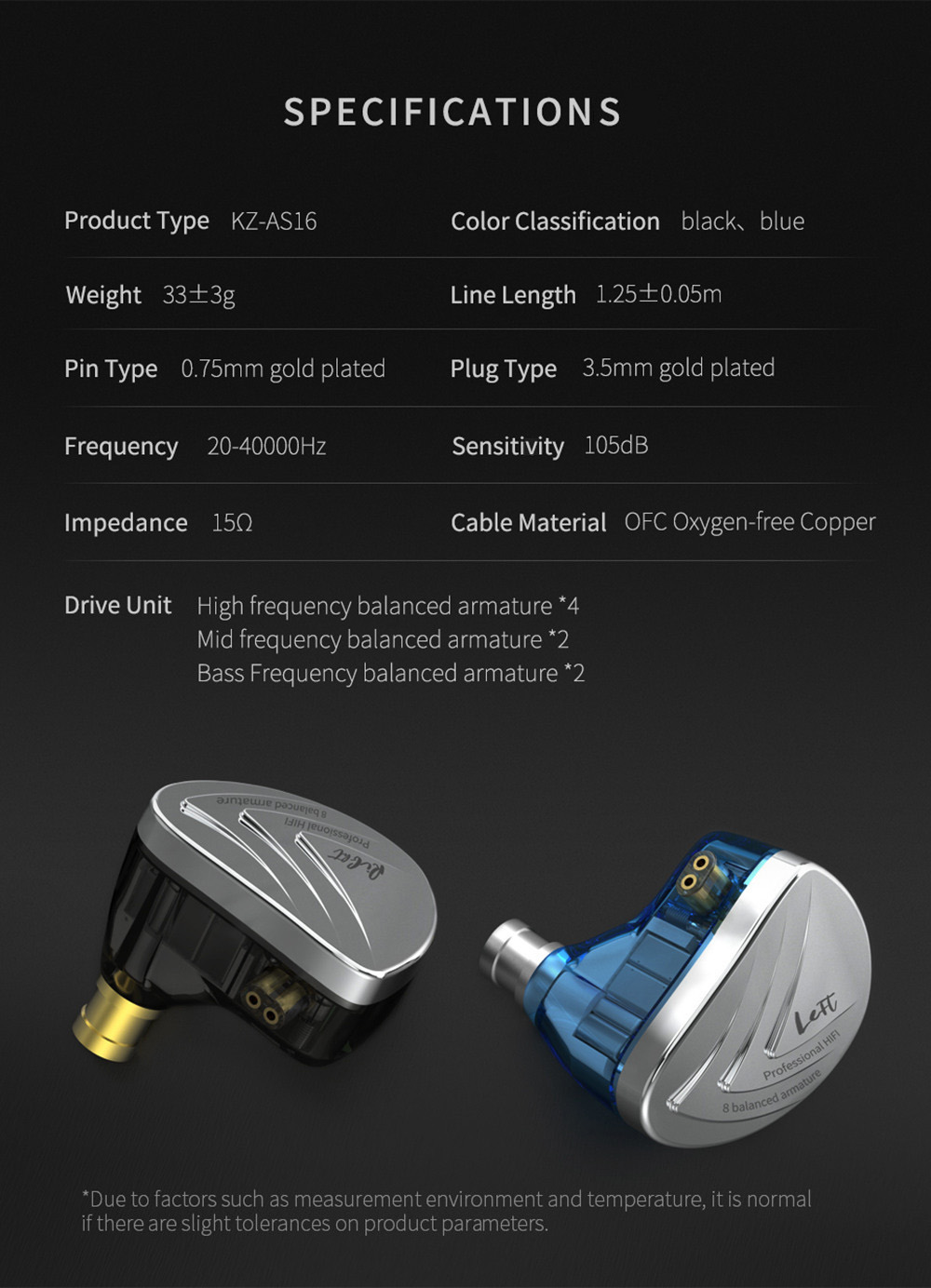KZ AS16 Wired In-ear Earphone with Mic16BA Balanced Armature Units HIFI Bass Noise Cancelling - Blue