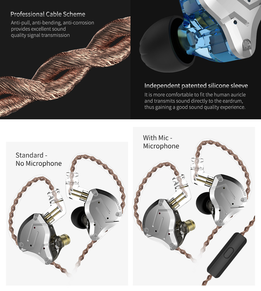 KZ ZS10 Pro Wired Metal Earphone with Mic Hybrid 10 Units HIFI Bass In-Ear Sports Noise Cancelling-Black