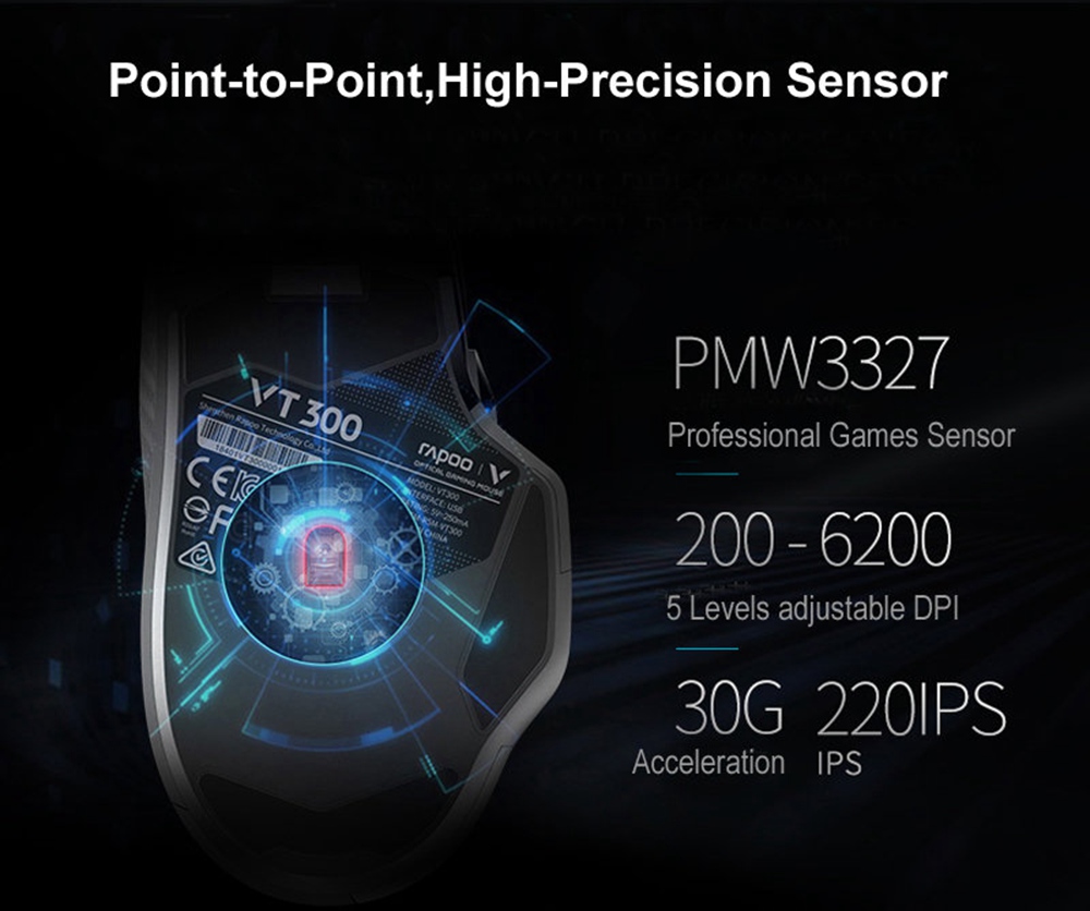 Rapoo VT300 USB Wired Gaming Mouse 6200DPI Sensor With RGB IR Optical 10 Buttons Programmable Accurate Cursor - Black