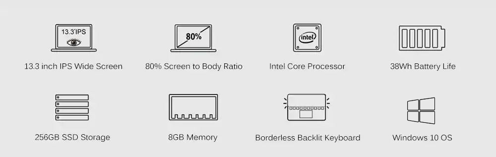CHUWI AeroBook Laptop Intel Core M3-6Y30 Dual Core 13.3 Inch 1920*1010 8GB RAM 256GB SSD Windows 10 - Gray