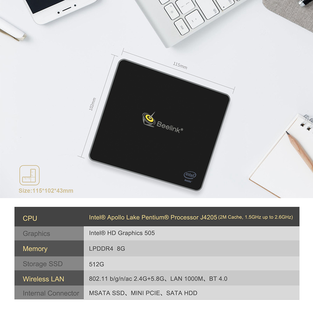 Beelink J45 Intel Pentium J4205 8GB DDR4 512GB mSATA SSD Windows 10 Mini PC Dual Band WiFi Gigabit LAN Bluetooth USB3.0*4 HDMI*2 2.5 inch HDD Bay