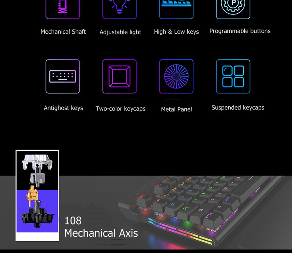 Ajazz AK500 Backlit USB Wired 108Key Large Palm Rest Touch Panel Black Switch Mechanical Gaming Keyboard - White