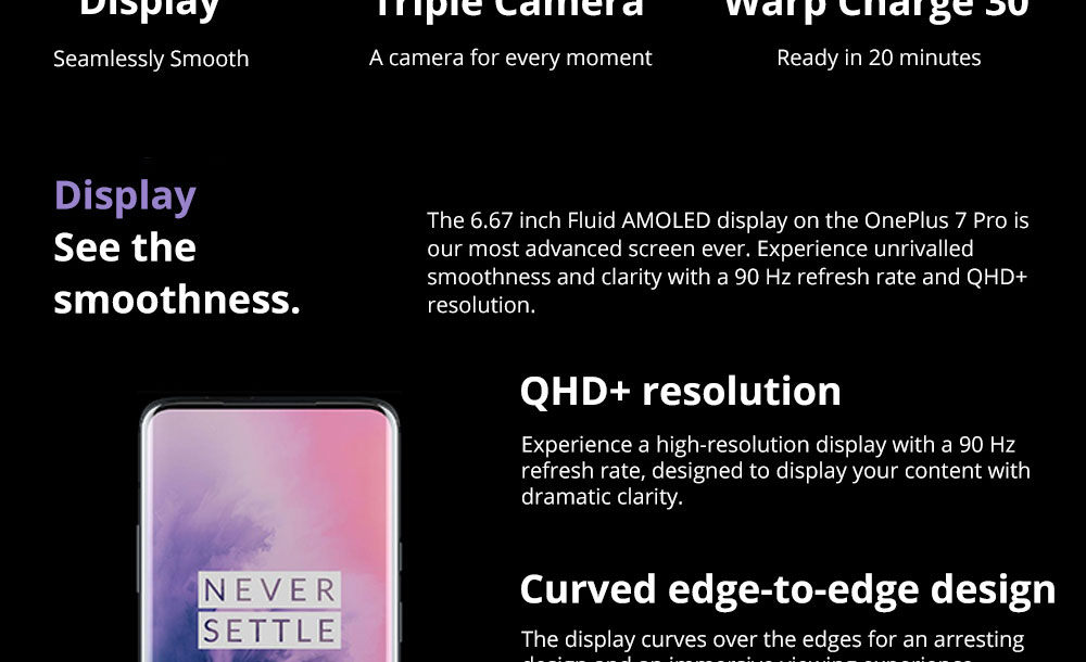 OnePlus 7 Pro Pop-up Camera 6.67 Inch 4G LTE Smartphone Snapdragon 855 8GB 256GB 48.0MP + 8.0MP + 16.0MP Triple Rear Cameras Android 9 In-display Fingerprint NFC Fast Charge Global ROM - Mirror Grey